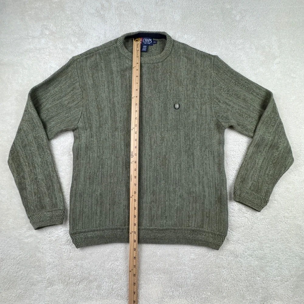 Vintage Chaps Men's L Olive Green Cotton Crew Neck Herringbone Knit Sweater 90's